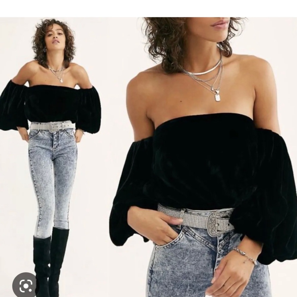 Free People Black Velvet Top Mare Mare Free Off-Shoulder Top Sz L NEW NWT